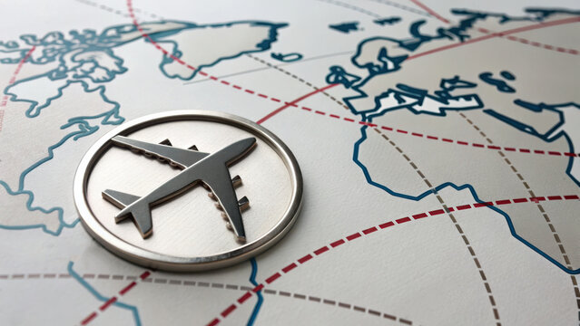 Global flight disruption impacts travel plans with airplane icon on world map showing routes and continents in dynamic layout