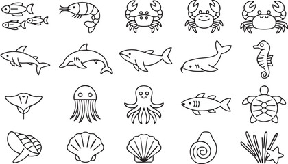 Obraz premium Ocean life icon collection featuring fish, crab, whale and reef creatures for UI and app design