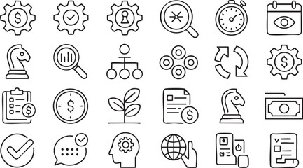 Fototapeta premium Finance and management icon pack with investment, budget and corporate elements in minimal line style
