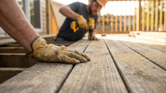 Closeup of a construction workers hand in a work glove resting on wooden deck planks while a colleague uses a drill in the background