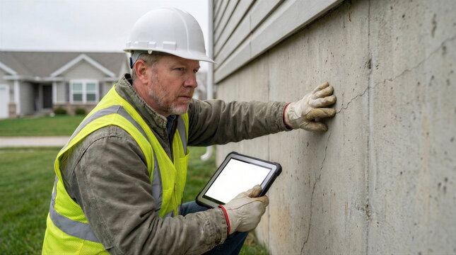 Professional building inspector examining a crack in a concrete foundation wall of a residential house using a tablet device