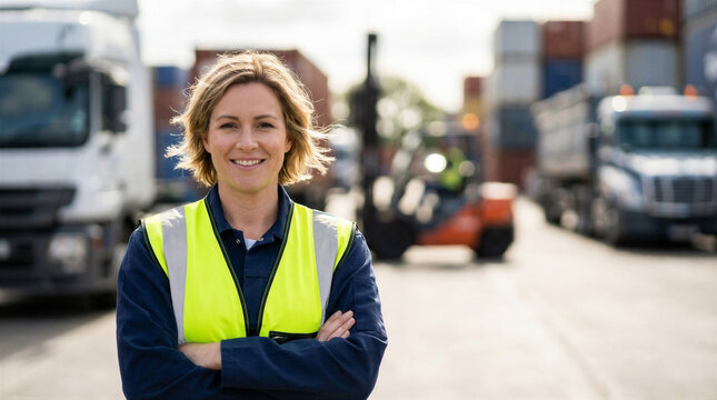 Portrait of a smiling female logistics worker standing with her arms crossed in a busy shipping yard with trucks and containers