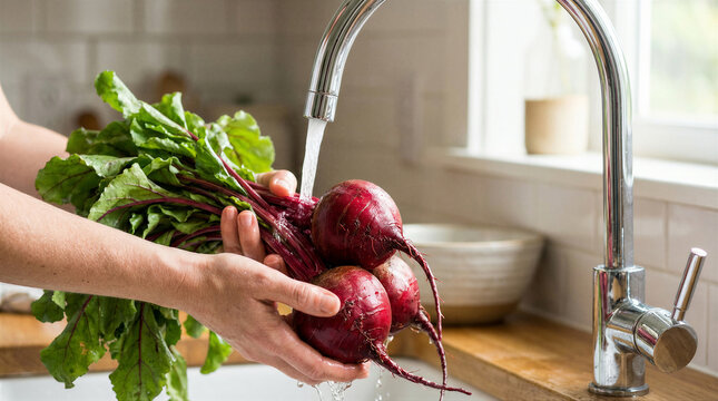 Closeup of a person washing fresh organic beets with green leaves under a kitchen faucet tap with running water