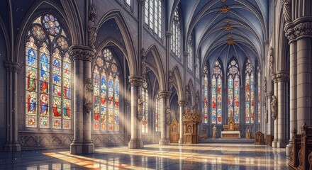 Obraz premium Grand interior of a sacred building features tall arched ceilings and brilliant light streaming through stained glass windows