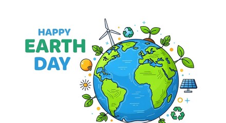 Naklejka premium Happy earth day illustration with globe and ecofriendly symbols