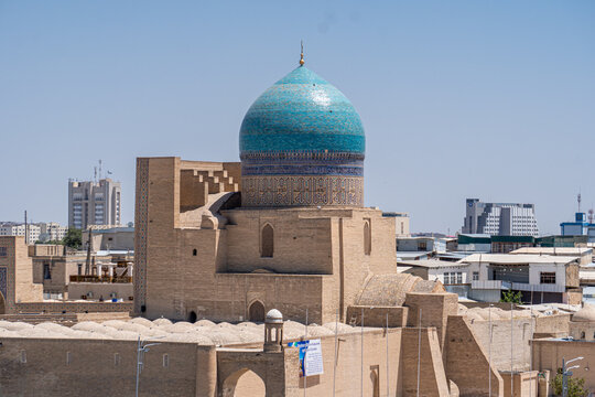 Bukhara, Uzbekistan Aerial view of Kalan Minaret Emir and Alim Khan madrasah of Po-i-Kalan Poi Kalan - islamic religious complex