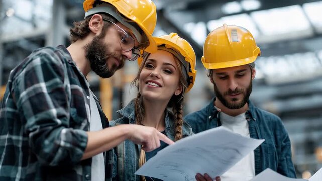 Young engineers discuss project plans while collaborating in an industrial setting during daytime with safety helmets on