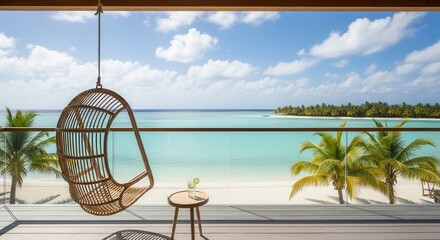 Obraz premium Rattan hanging chair overlooks turquoise tropical ocean from elevated wooden balcony