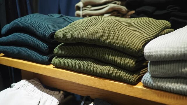Neatly folded knit sweaters displayed on wooden shelf in clothing boutique interior store.