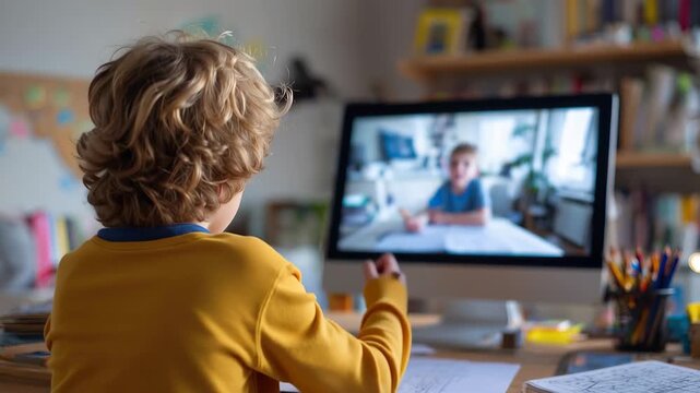 Young boy engages in online class while taking notes at home during a live streaming session in the afternoon