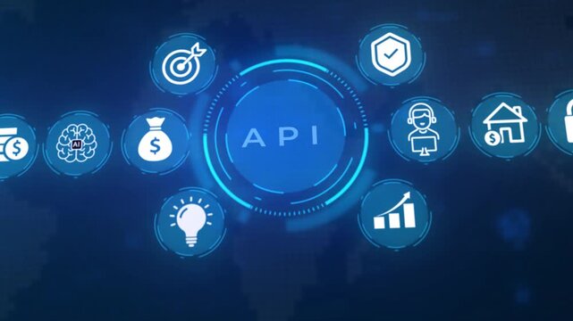 Digital infographic illustrating the concept of AP application programming interface with interconnected for business goals security AI finance and growth on a dark blue abstract map background