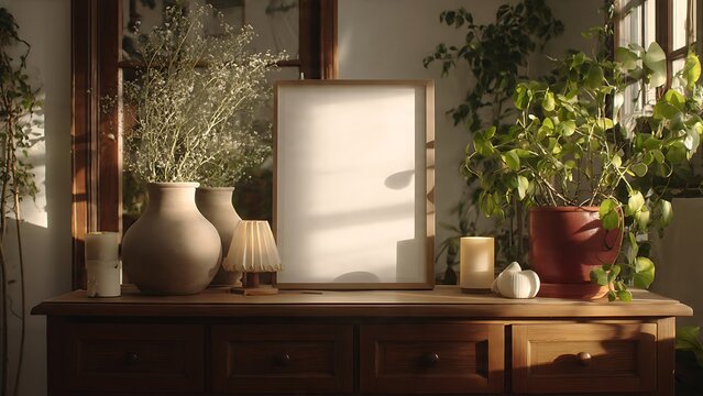 Sunlit blank picture frame mockup on a rustic wooden dresser, nestled among vibrant plants and warm home decor elements, offering a beautiful backdrop for art or photography