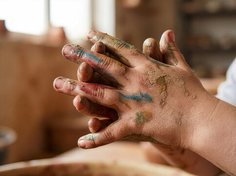 Macro close-up of a Hispanic child's hands covered in wet clay and colorful paints.