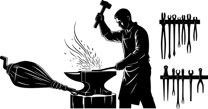 Blacksmith working at an anvil with hammer and hot metal sparks in a traditional forge workshop scene, vector silhouette isolated on white background
