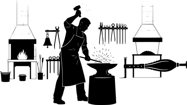 Blacksmith working at an anvil with hammer and hot metal sparks in a traditional forge workshop scene, vector silhouette isolated on white background
