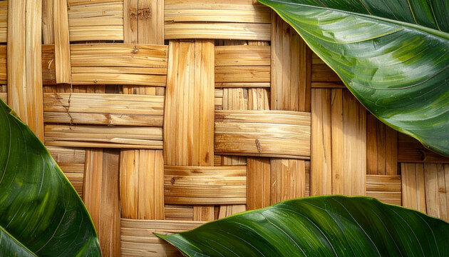 Close up of woven bamboo texture with green leaves in the corners
