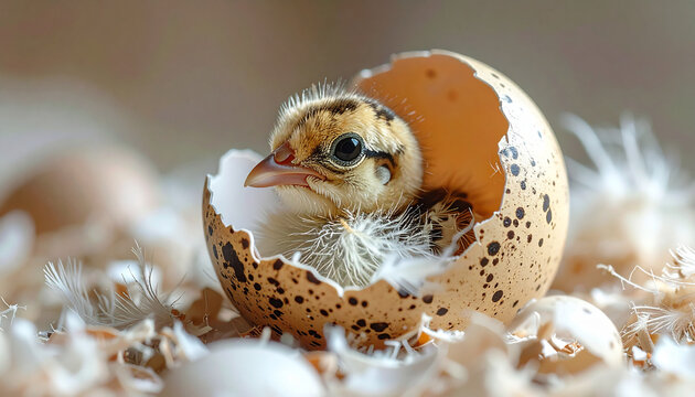 Newborn chick emerges from speckled egg shell in natural daylight closeup