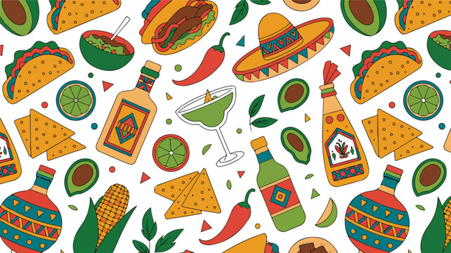 Flat colorful illustration pattern featuring traditional Mexican cuisine with tacos, lime, chili peppers, tequila shots, bottles, and sombreros