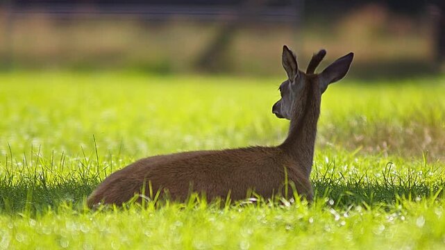 Fallow Deer Stag Lying on Meadow Grazing in Warm Morning Sunlight