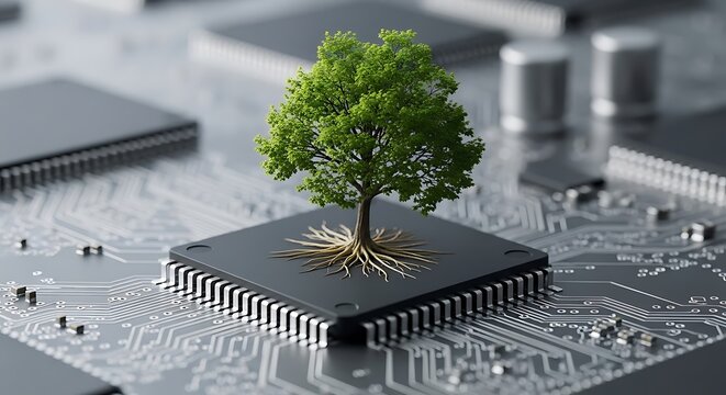 A lush tree grows from a circuit board, symbolizing tech & environment