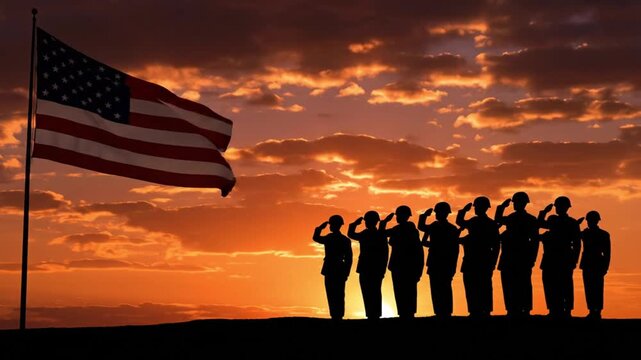 Silhouette Soldiers Saluting American Flag at Sunset on Independence Day