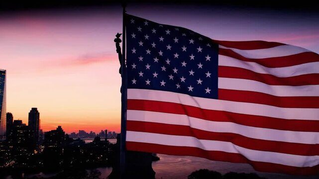 American Flag and Statue of Liberty at Sunset for Fourth of July Theme