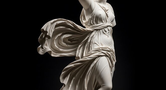 A marble sculpture of a draped figure with wings aloft against a stark black backdrop