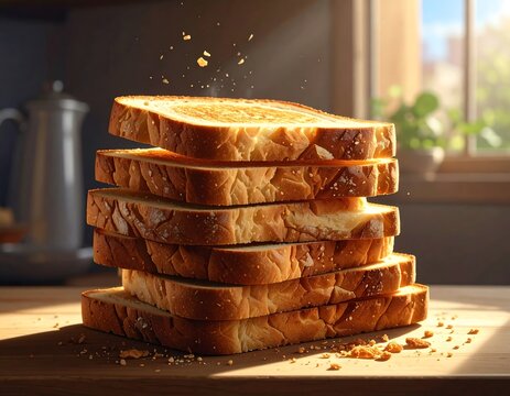 A stack of toasted bread slices on a wooden countertop