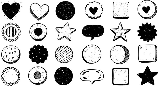Hand Drawn Doodle Sketch Shapes Set. Black and White Icons Collection: Hearts, Stars, Circles, Squares, Speech Bubbles. Creative Design Elements  Decorations.