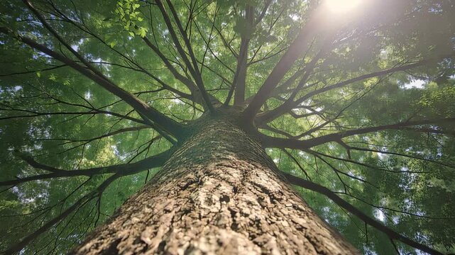 夏の森で大樹を見上げ放射状に広がる濃い樹冠を捉えた視点