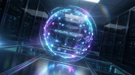 Obraz premium Vibrant Geometric AI Neural Network Illuminating Digital Data Processing and Advanced Computing for Future Technology