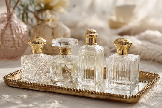 Collection of elegant crystal perfume bottles with golden caps displayed on an ornate vintage tray. Soft natural light and cozy 

