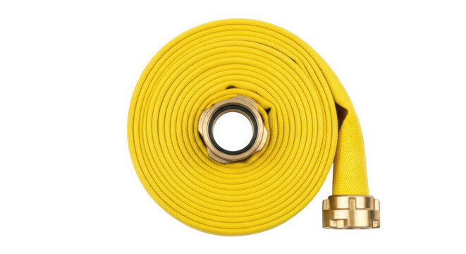 Coiled yellow fire hose with brass connector on transparent background