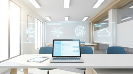 Fototapeta premium AI Automation Technology Business Office Digital Cloud computing and futuristic software icons on a laptop in a bright modern workplace for corporate digital transformation.