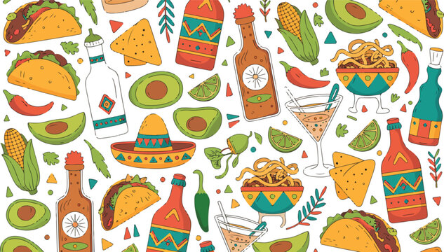 Flat colorful illustration pattern featuring traditional Mexican cuisine with tacos, lime, chili peppers, tequila shots, bottles, and sombreros