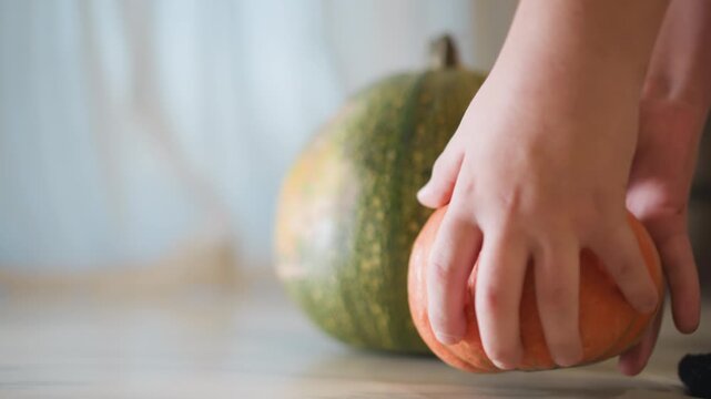Kitchen floor small pumpkin being picked, curious child uses both hands to lift orange mini pumpkin beside larger green squash, textured skin and closeup grip, playful prep for home cooking, soft