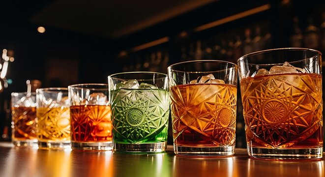 A row of colorful cocktails with ice in ornate glasses on a bar, dimly lit