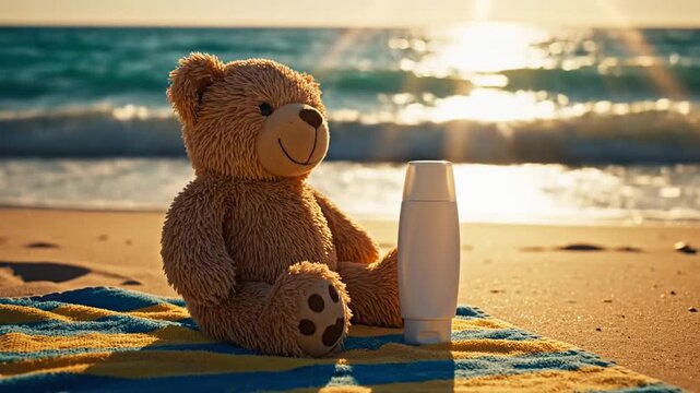 Cute Teddy Bear and Sunscreen Bottle on a Beach at Sunset.
