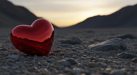 Fototapeta premium A shiny red heart rests on gravel with mountains and a sunset in the background