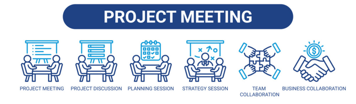 Project Meeting web banner icon vector illustration concept with icons of project meeting, project discussion, planning session, strategy session, team collaboration, and business collaboration.