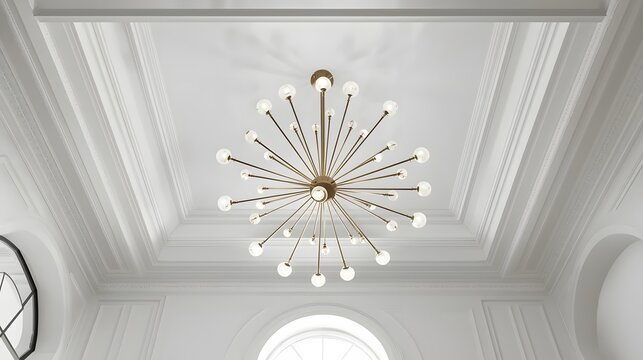 Elegant Sputnik Chandelier With Frosted Glass Globes Centered in a Grand Room, Sophisticated Brass Lighting Fixture Beneath Ornate White Coffered Ceiling Trim