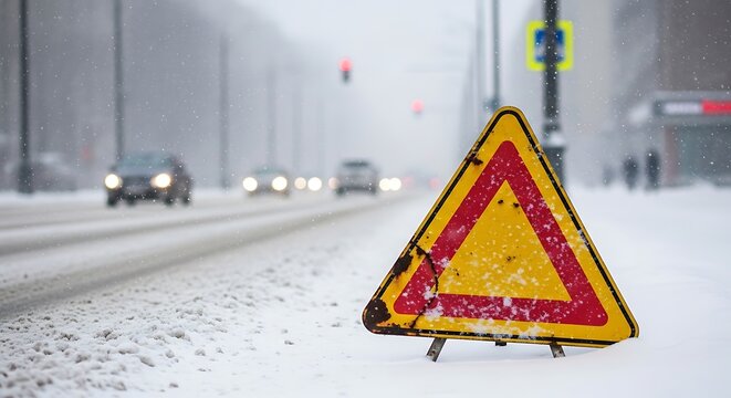A snowy road scene with a hazard sign in focus, traffic, and a blurred cityscape