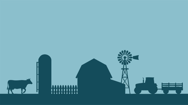 Minimalist Farm Landscape Silhouette Illustration with Agricultural Elements