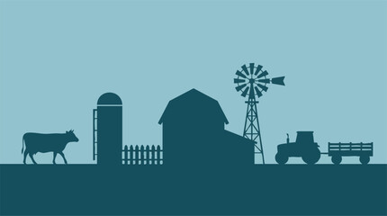 Farm life concept with barn, silo, cow, windmill and tractor silhouette © Zigmate