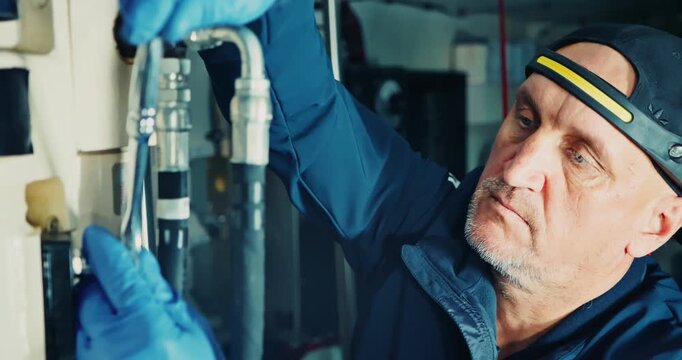 Technician Adjusts Pipes on Industrial Machinery