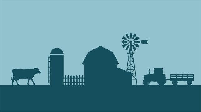 Farm life concept with barn, silo, cow, windmill and tractor silhouette