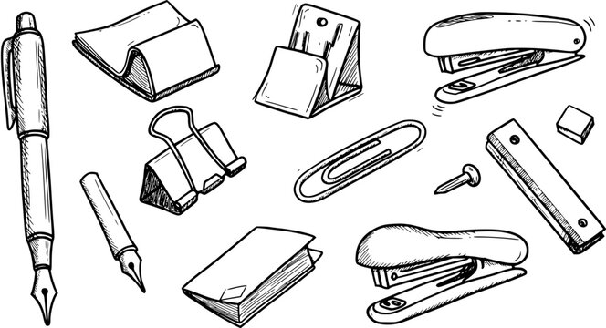 Hand-drawn doodle set of various office and school supplies, including fountain pen, staplers, paper clip, binder clip, sticky notes, ruler, and other stationery.