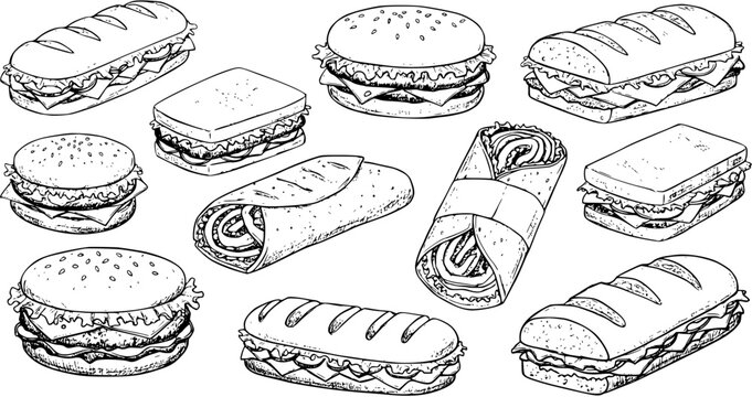 Collection of Fast Food Sketches: Hand-Drawn Burgers, Sandwiches, and Wraps in Black and White Line Art Style, Perfect for Doodle or Coloring Book Designs