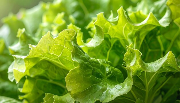 A close-up of vibrant green lettuce leaves with wavy edges