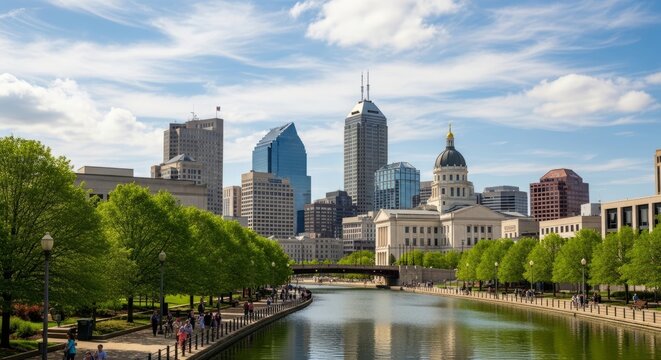 The picturesque Indianapolis skyline is seen on a bright day, featuring the tranquil canal walk lined with lush green trees and historic buildings.
